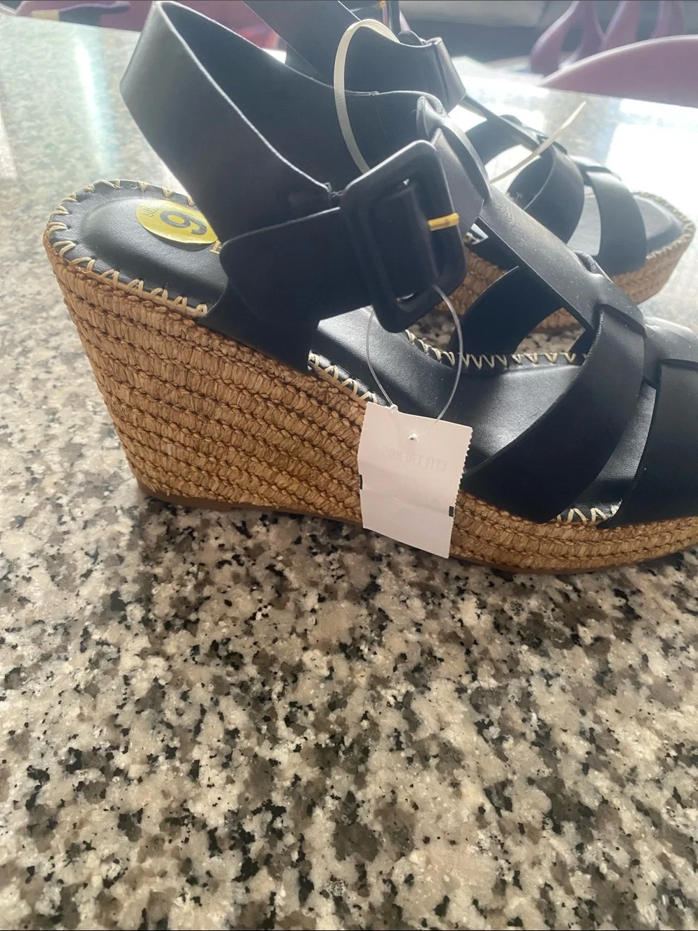 BAMBOO Black Wedge Sandals with Woven Platform